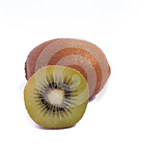 fresh kivi fruit ohe and haif on white background close up