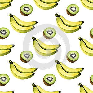 Fresh kiwi and banana vector seamless pattern in watercolor style.