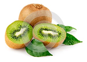 Fresh kiwi fruit with green leaves