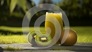 Fresh kiwi juice on kiwi orchard