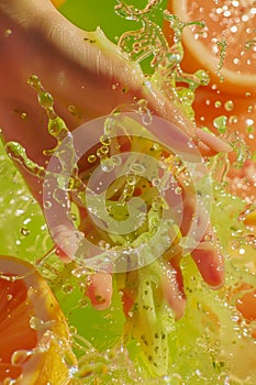 Fresh Kiwi and Strawberry Slices Splashing in Water with Dynamic Droplets and Vibrant Green Background