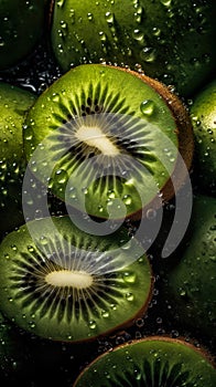 Fresh Kiwis Background Concept With Visible Drops Of Water - Generative AI