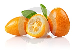 Fresh kumquats and leaf isolated on white