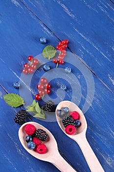 Fresh, blueberries, currants and raspberries in wooden spoons with mint stamens on a blue wooden background.