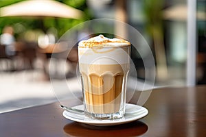 Fresh Latte Espuma in Outdoor Cafe, Cappuccino in Coffeeshop City Street View, Milk Coffee photo