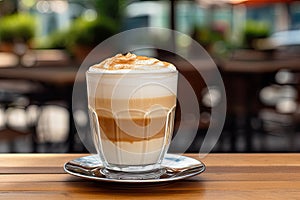 Fresh Latte Espuma in Outdoor Cafe, Cappuccino in Coffeeshop City Street View, Milk Coffee photo