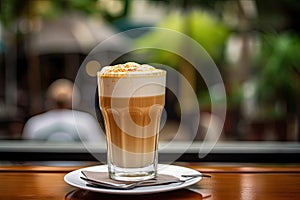 Fresh Latte Espuma in Outdoor Cafe, Cappuccino in Coffeeshop City Street View, Milk Coffee photo