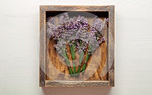 Fresh lavender flower bouquets are dried in wooden box. Bunches of lavender flowers dry. Apothecary herbs for lavender