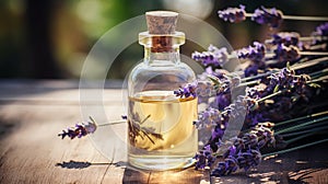 Fresh lavender twigs and essential oil bottle with free copy space for text, natural spa concept