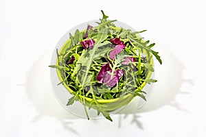 Fresh leaves of arugula and radicchio isolated on white background. Green bamboo salad bowl. Healthy food concept