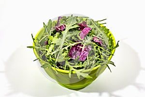 Fresh leaves of arugula and radicchio isolated on white background. Green bamboo salad bowl. Healthy food concept