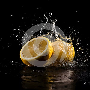 Fresh lemon in clear water splash