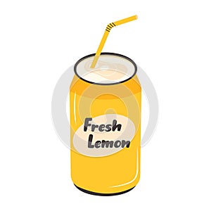 Fresh lemon drink in aluminum can. Soda can. Carbonated water.