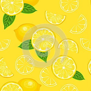 Fresh lemon fruit seamless pattern. Whole lemons, slices and green leaves on yellow background.