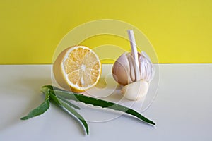 Fresh lemon, garlic and aloe on the wooden surface. Alternative medicine concept