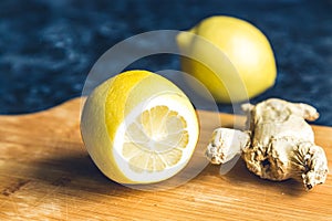 Fresh lemon and ginger root for healthy tea