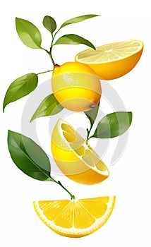 Fresh lemon with green leaves on white background