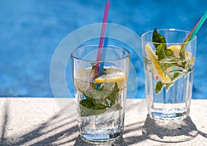 Fresh lemon infused mineral water with gas or soda drinks