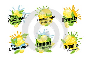 Fresh lemon natural lemonade with water splash sticker badge set isometric vector illustration