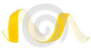 Fresh lemon peel isolated on white background. Citrus twist peel or lemon zest. Healthy food