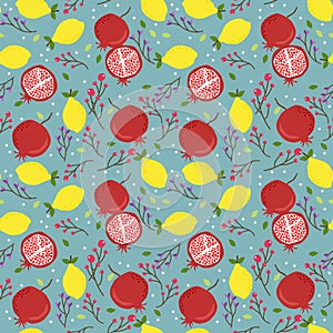 Fresh lemon and pomegranate seamless pattern