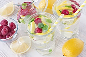 Fresh lemon and raspberry water drink