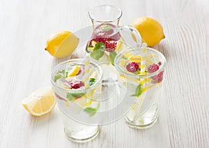 Fresh lemon and raspberry water drink