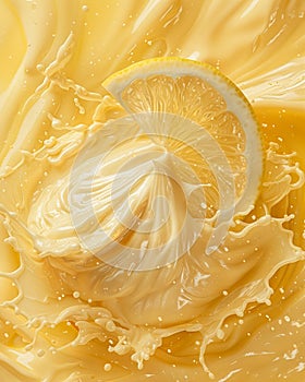 Fresh Lemon Slice Splashing into Creamy Yellow Liquid Swirl Background for Refreshing Concept