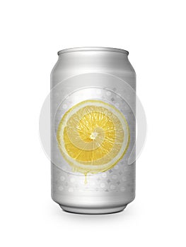 Fresh lemon soft drink in aluminum can on white background For design