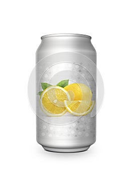 Fresh lemon soft drink in aluminum can on white background For design