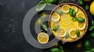 Fresh lemon tart decorated with vibrant basil leaves, citrus zest, on a textured dark background