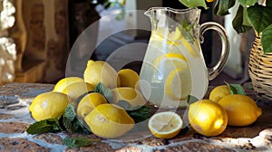 Fresh Lemonade in Glass Pitcher Surrounded by Lemons and Mint