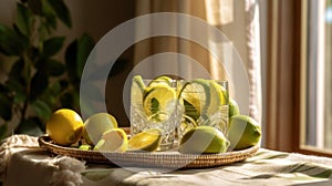 Fresh lemonade and lime fruit slices on a tablecloth near beautiful rural cottage kitchen window - generative AI