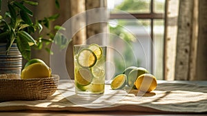 Fresh lemonade and lime fruit slices on a tablecloth near beautiful rural cottage kitchen window - generative AI