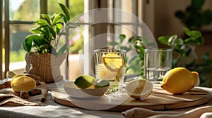 Fresh lemonade and lime fruit slices on a tablecloth near beautiful rural cottage kitchen window - generative AI