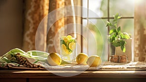 Fresh lemonade and lime fruit slices on a tablecloth near beautiful rural cottage kitchen window - generative AI
