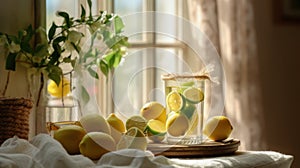 Fresh lemonade and lime fruit slices on a tablecloth near beautiful rural cottage kitchen window - generative AI