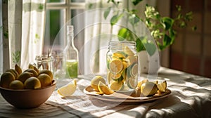 Fresh lemonade and lime fruit slices on a tablecloth near beautiful rural cottage kitchen window - generative AI