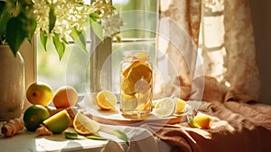 Fresh lemonade and lime fruit slices on a tablecloth near beautiful rural cottage kitchen window - generative AI