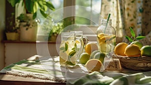 Fresh lemonade and lime fruit slices on a tablecloth near beautiful rural cottage kitchen window - generative AI