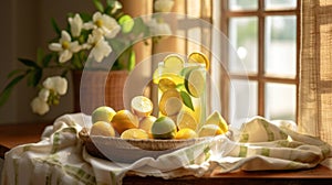 Fresh lemonade and lime fruit slices on a tablecloth near beautiful rural cottage kitchen window - generative AI