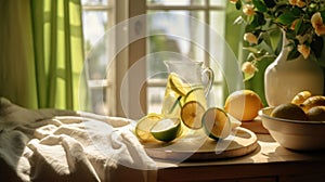 Fresh lemonade and lime fruit slices on a tablecloth near beautiful rural cottage kitchen window - generative AI