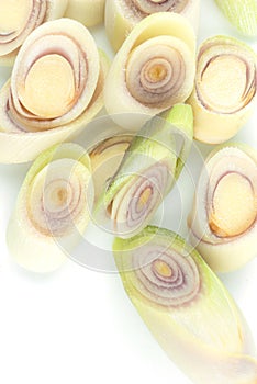 Close up Fresh Lemongrass close up macro food background,  isolated on white background, slice or cut Fresh Lemongrass