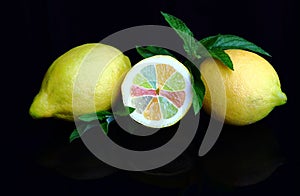 Fresh lemons with colorful pieces of fruit and peppermint