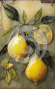 Fresh lemons fruits and slices on a blue background vintage decorative wall Encaustic style art. Generative AI