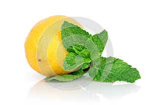 Fresh lemons with leaf green mint, on white background