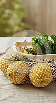Fresh Lemons, Parsley and Thyme in a Mesh Bag