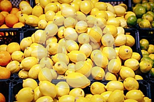 Fresh lemons pile in supermarket