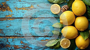 Fresh lemons on rustic blue wooden surface