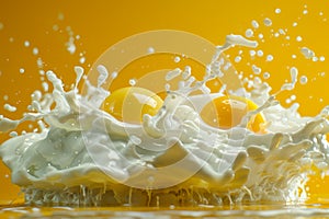 Fresh Lemons Splashing in Creamy White Milk Against a Vibrant Yellow Background Citrus and Dairy Concept